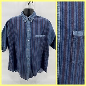 VTG Banjo Dallas TX‎ Striped Denim Shirt XL Made in USA Western Yoke 90s Cotton
